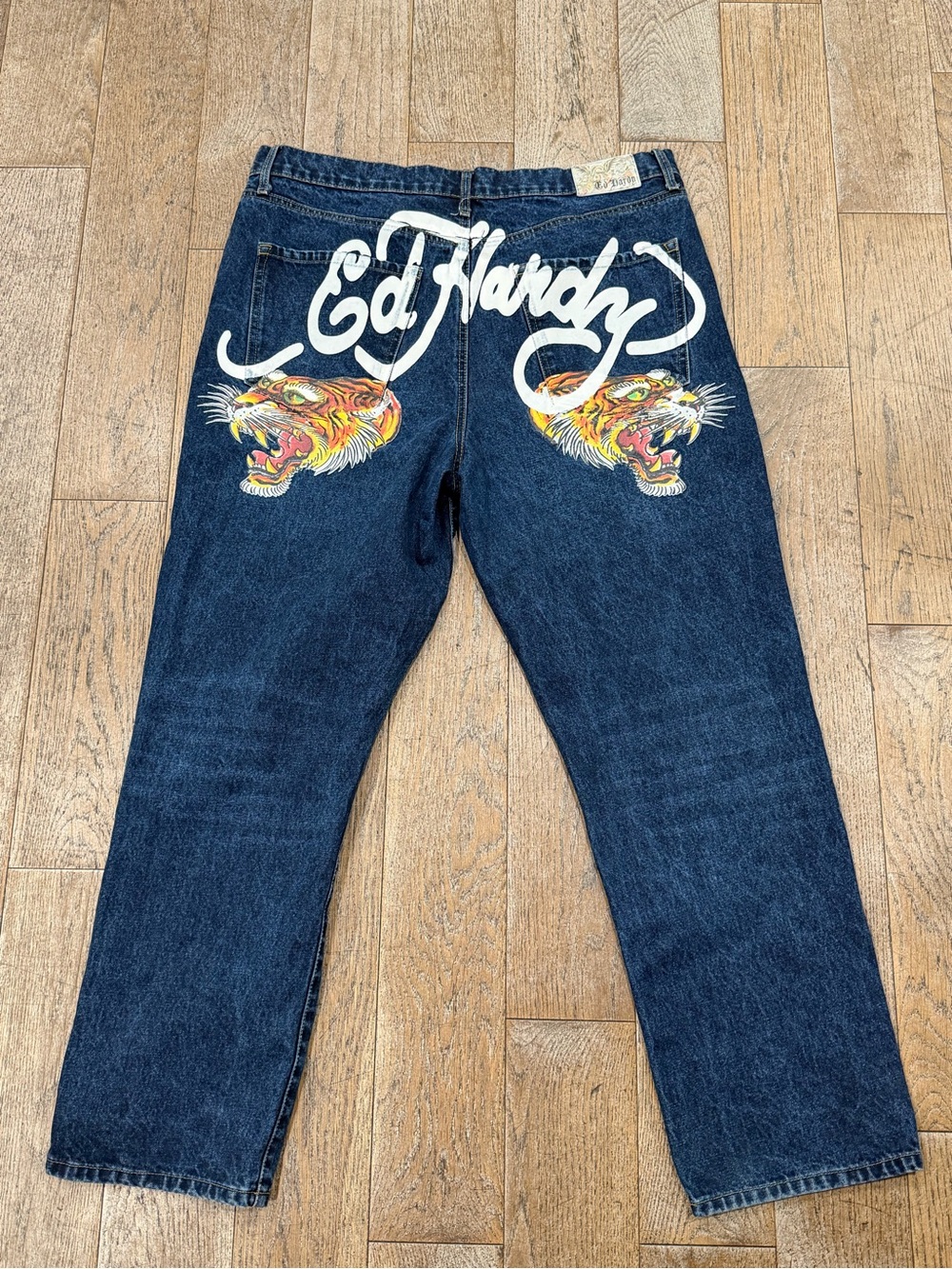 Ed Hardy Baggy Tiger Graphic Denim Jeans - Dark Wash Loose Fit Y2K Style Size 40